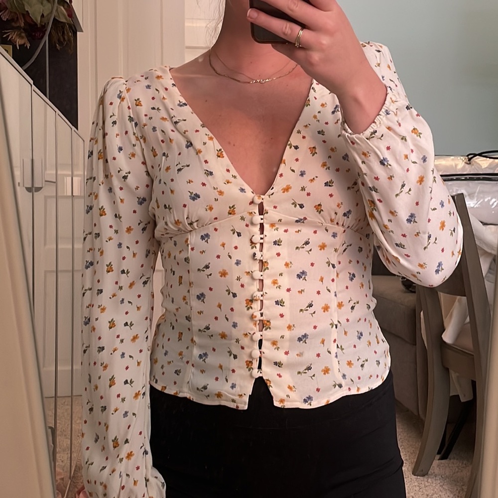Reformation button up top in floral print
